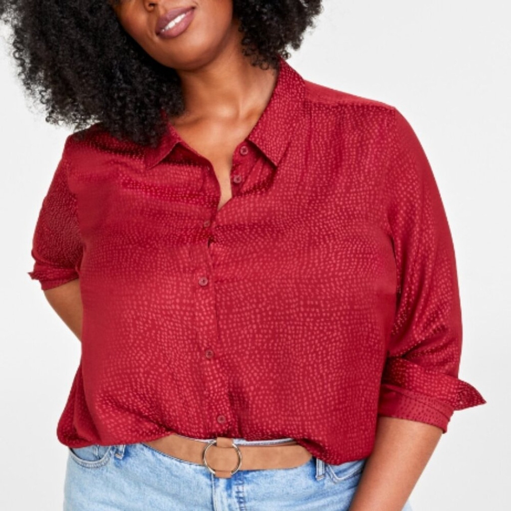 On 34th Plus Size 1X Bright Rhubarb Polka-Dot Satin Jacquard Shirt NWT